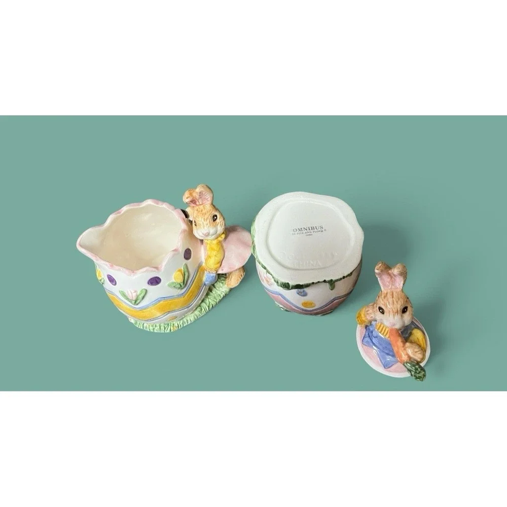 Fitz & Floyd Omnibus Egg-Spress Bunny Rabbit Creamer And Sugar Bowl Spring‎ READ